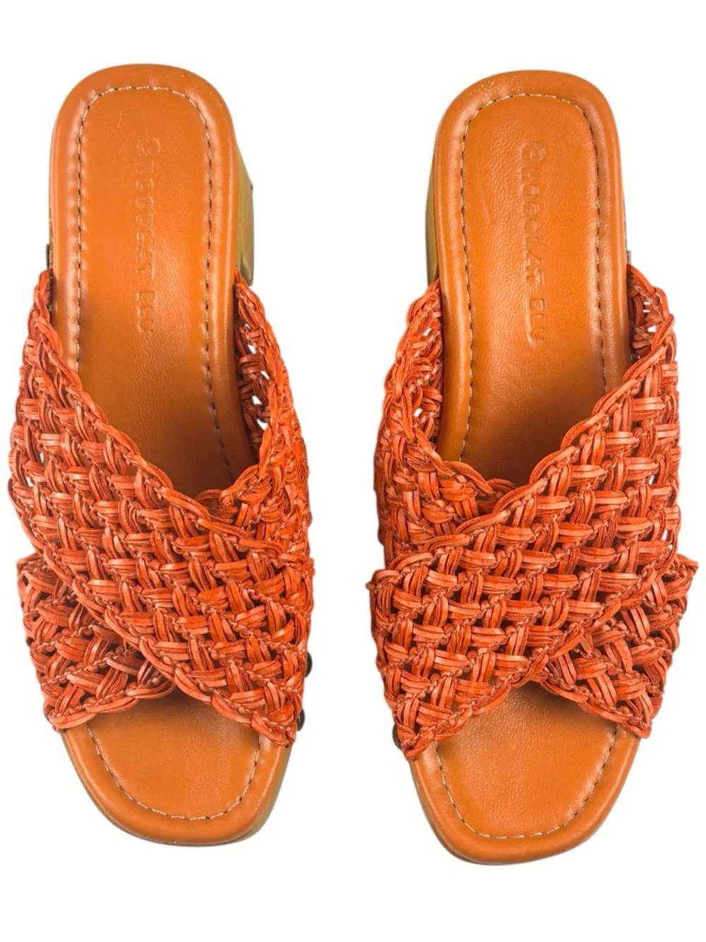 CHOCOLAT BLU DAWN ORANGE RAFFIA WOVEN STUDDED WOOD PLATFORM SLIDE SANDAL